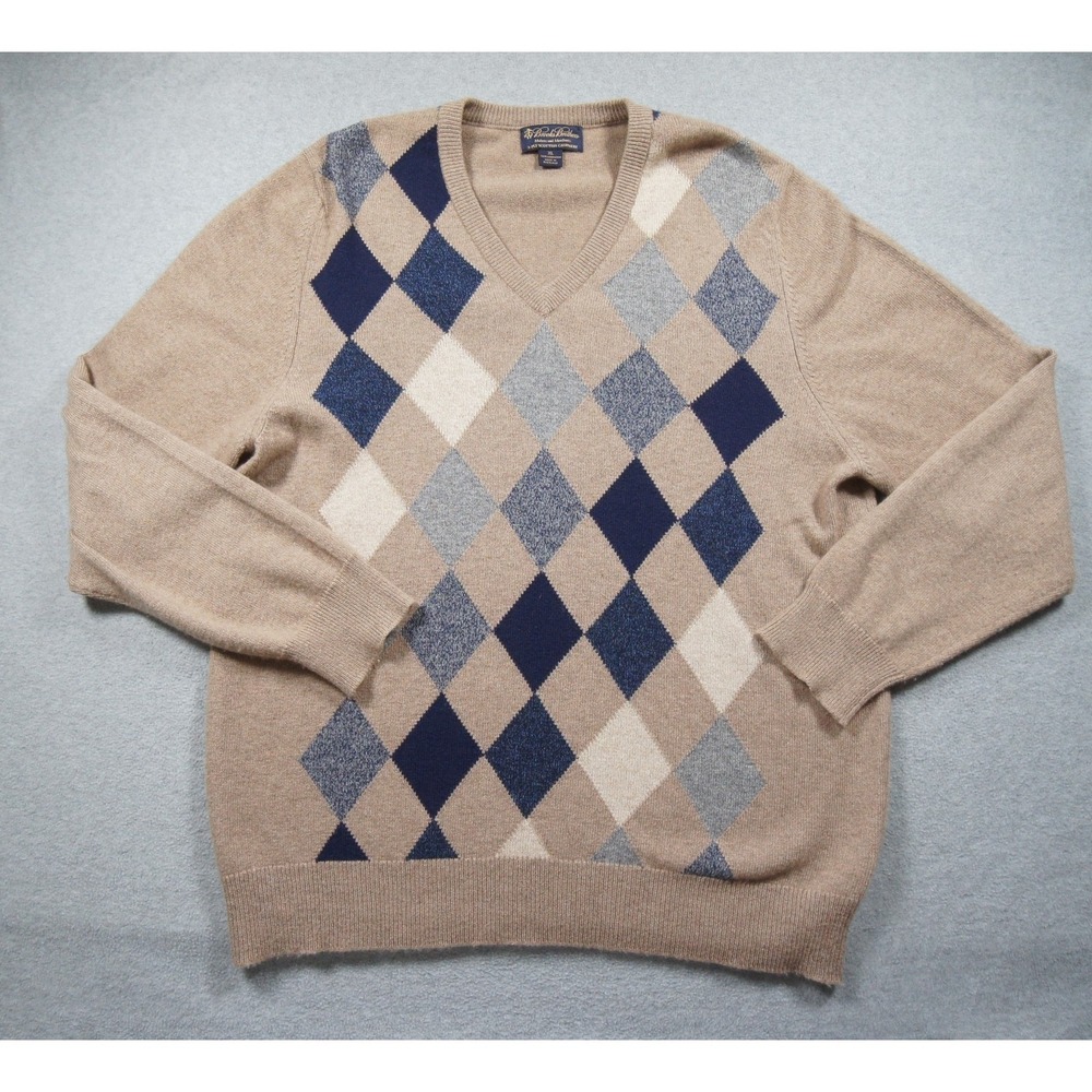 Brooks Brothers Sweater Mens XLarge Beige Vneck Knit Pullover Cashmere Argyle